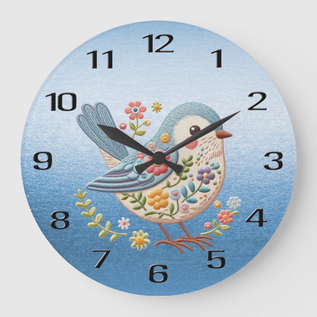 Reloj Redondo Grande Pequeño Bird Floral Embroidery Blue Wall Clock (Anverso)