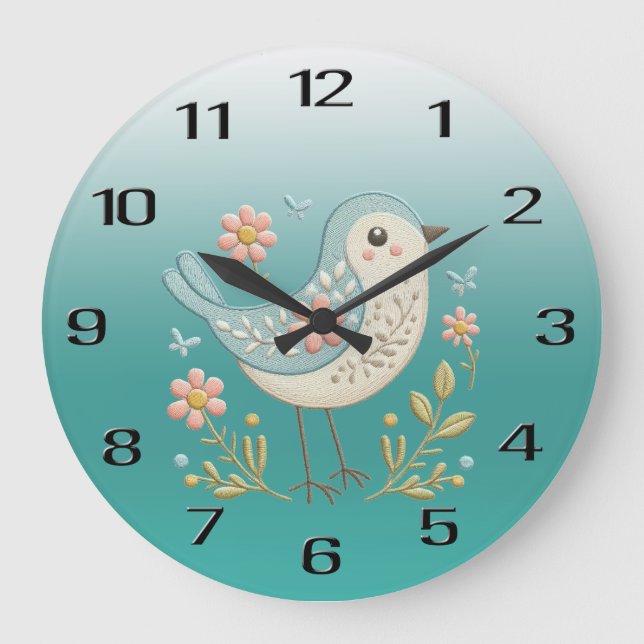 Reloj Redondo Grande Pequeño Bird Floral Embroidery Green Wall Clock (Anverso)