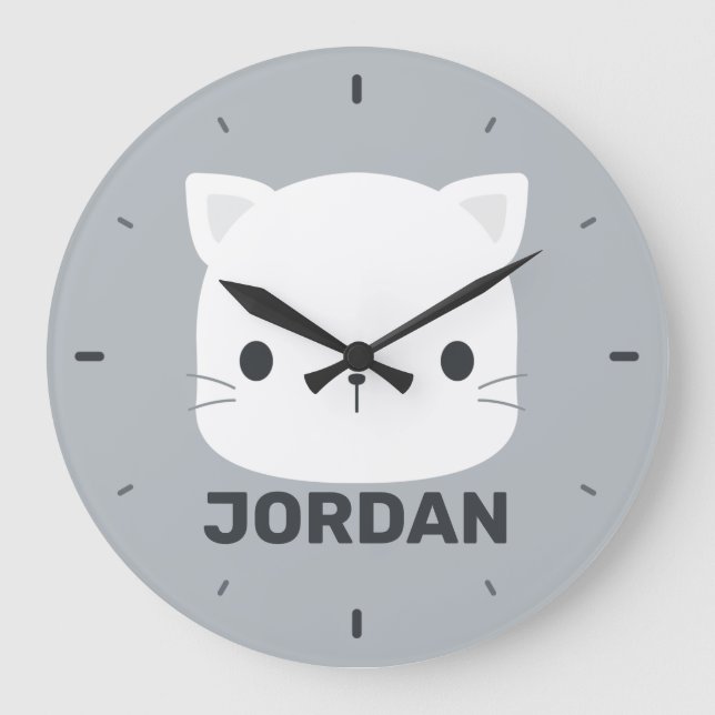 Reloj Redondo Grande Pequeño gato con nombre personalizado (Anverso)