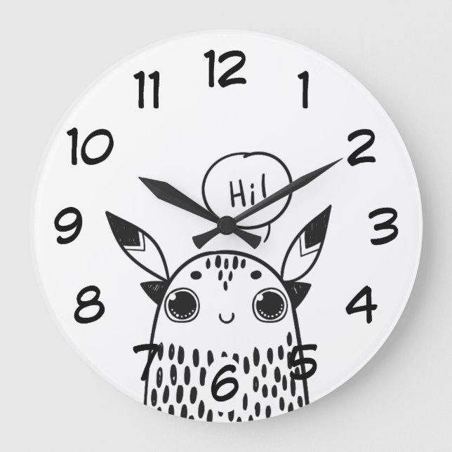 Reloj Redondo Grande Pequeño monstruo blanco y negro lindo ilustrado (Anverso)