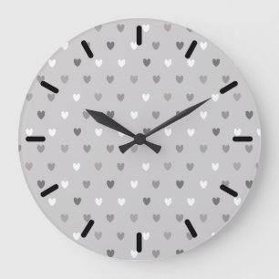 Reloj Redondo Grande Pequeños corazones de polka en tonos grises