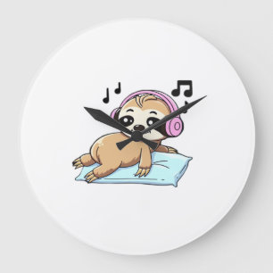 Reloj Redondo Grande Perezoso Chibi Kawaii Escuchando Música � Relajant