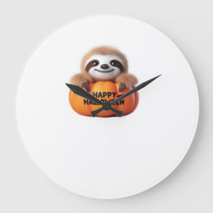 Reloj Redondo Grande Perezoso lindo sentado en una Calabaza. Texto Feli
