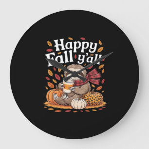 Reloj Redondo Grande Perezoso sosteniendo pumpkin spice feliz Otoño Yal