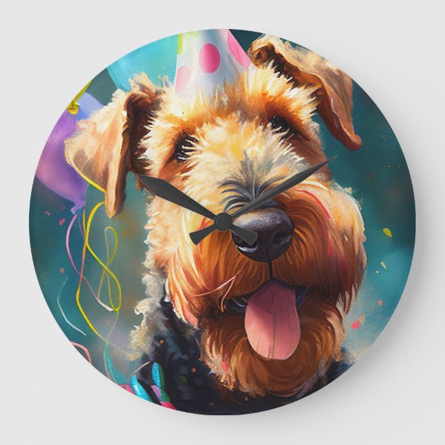 Reloj Redondo Grande Perro Airedale con gorra de cumpleaños y globos (Anverso)