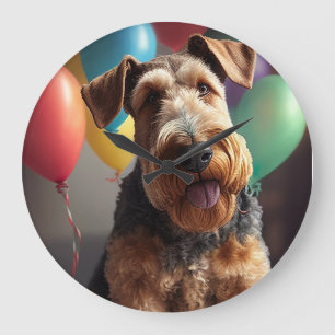 Reloj Redondo Grande Perro Airedale con pastel y globos