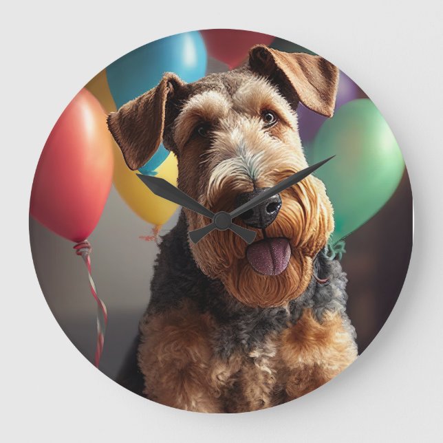 Reloj Redondo Grande Perro Airedale con pastel y globos (Anverso)