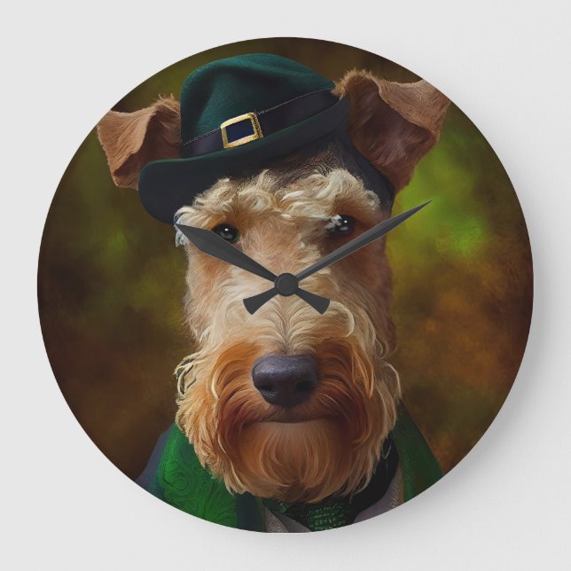 Reloj Redondo Grande perro airedale en el Día de San Patricio (Anverso)