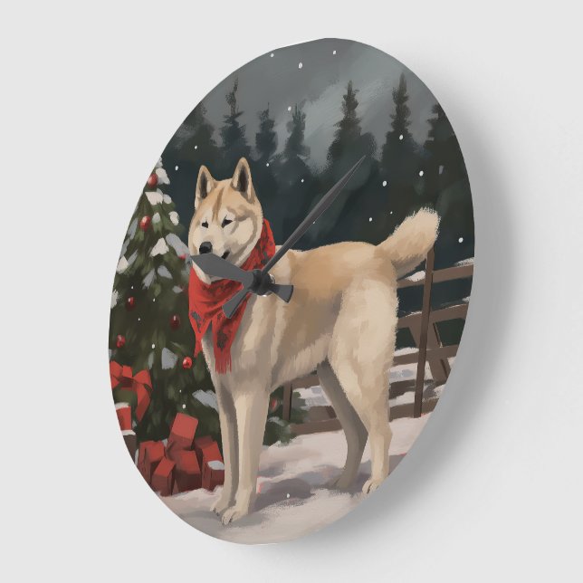 Reloj Redondo Grande Perro Akita en Navidades de nieve (Ángulo)