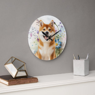Reloj Redondo Grande Perro Akita Shiba Inu con Flores Acuarela Azules