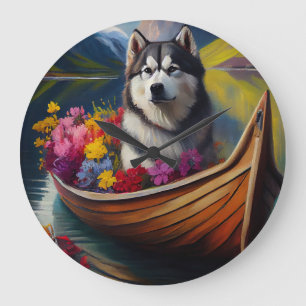 Reloj Redondo Grande Perro Alaskan Malamute en Remo: Una Aventura Escén