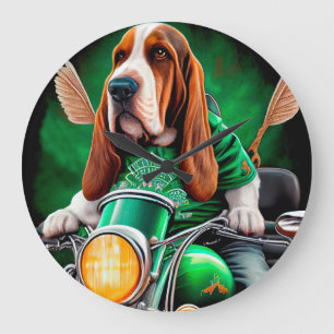 Reloj Redondo Grande Perro Basset Hound conduciendo bicicleta Día de Sa