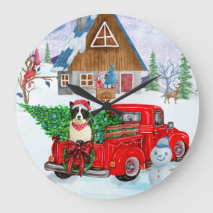 Reloj Redondo Grande Perro Border Collie en camión de entrega de Navida