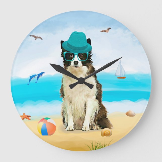 Reloj Redondo Grande Perro Border Collie en la playa (Anverso)