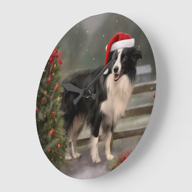 Reloj Redondo Grande Perro Border Collie en Navidad con Nieve (Ángulo)