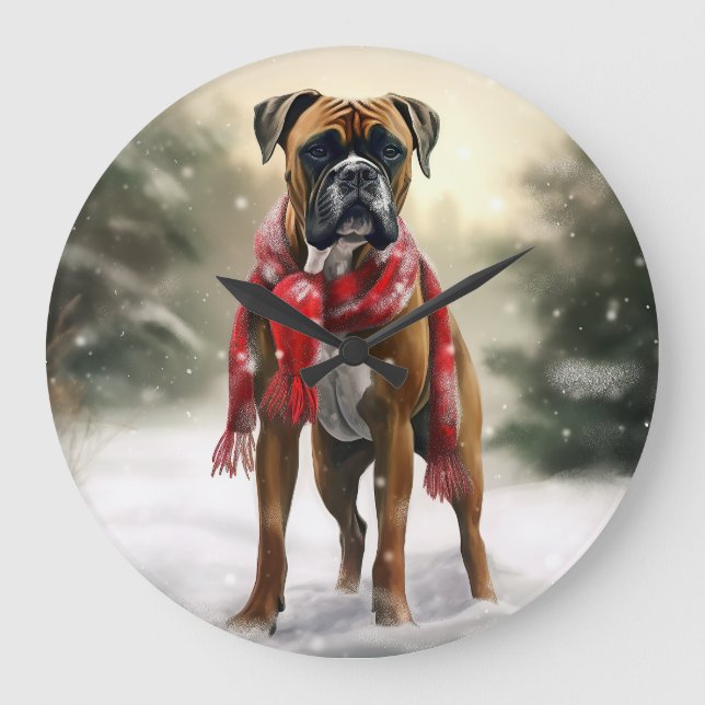 Reloj Redondo Grande Perro Boxer en Navidades de Nieve (Anverso)
