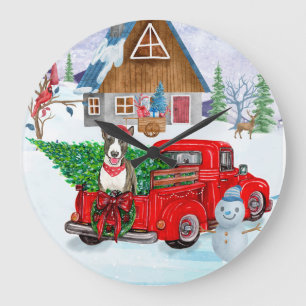 Reloj Redondo Grande Perro Bull Terrier en camión de entrega de Navidad