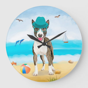 Reloj Redondo Grande Perro Bull Terrier en la Playa