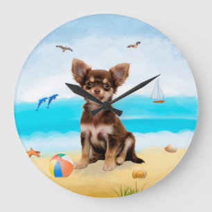 Reloj Redondo Grande Perro Chihuahua en la playa