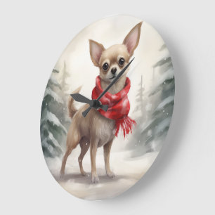 Reloj Redondo Grande Perro Chihuahua en Navidad con nieve