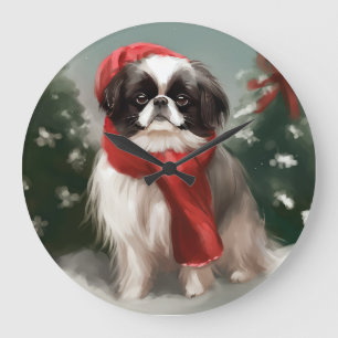 Reloj Redondo Grande Perro Chin Japonés en Navidad con Nieve