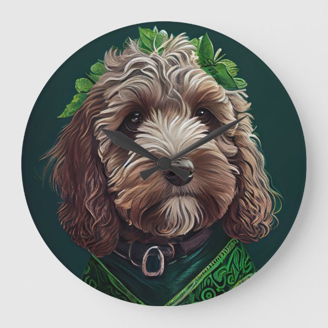 Reloj Redondo Grande Perro Cockapoo con vestido de San Patricio (Anverso)