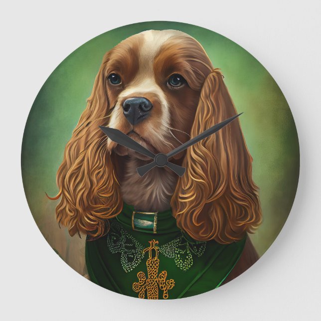 Reloj Redondo Grande Perro Cocker Spaniel con vestido de San Patricio (Anverso)