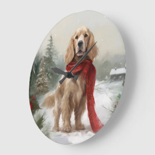 Reloj Redondo Grande Perro Cocker Spaniel en la nieve Navidad