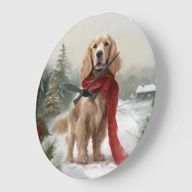 Reloj Redondo Grande Perro Cocker Spaniel en la nieve Navidad (Ángulo)