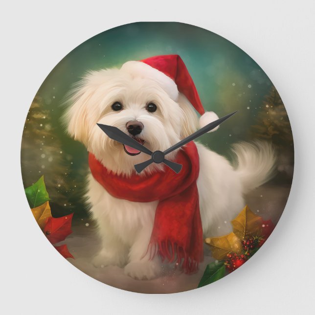 Reloj Redondo Grande Perro Coton De Tulear en Navidades de Nieve (Anverso)
