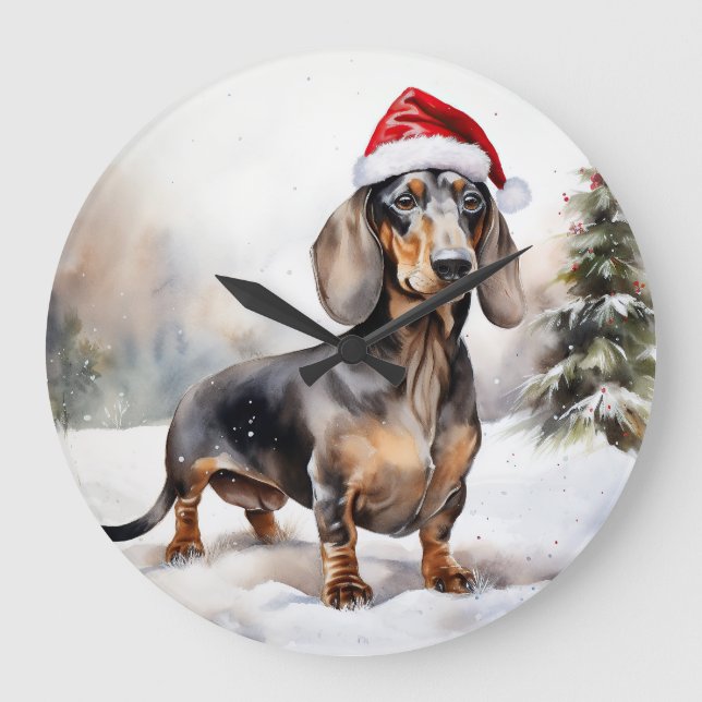 Reloj Redondo Grande Perro Dachshund en Navidad con nieve (Anverso)