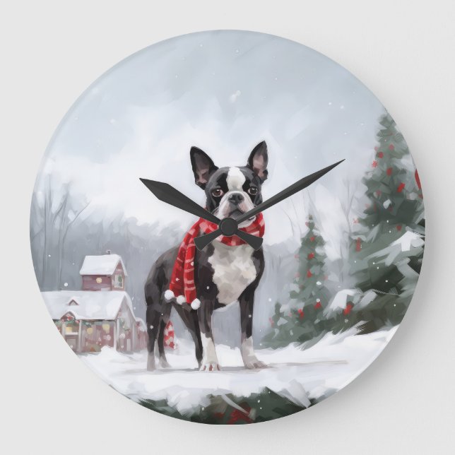 Reloj Redondo Grande Perro de Boston Terrier en Navidades de Nieve (Anverso)