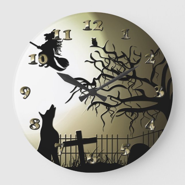 Reloj Redondo Grande Perro de Brujas y Amortiguadores de Halloween (Anverso)