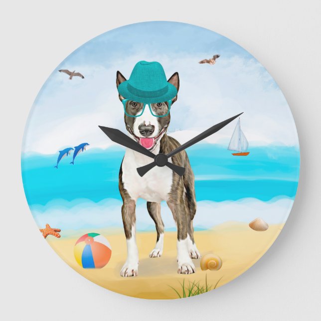 Reloj Redondo Grande Perro de Bull Terrier en la playa (Anverso)