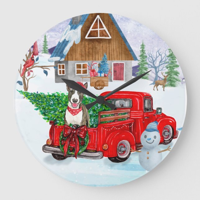 Reloj Redondo Grande Perro de Bull Terrier en Navidades Viernes Camión  (Anverso)