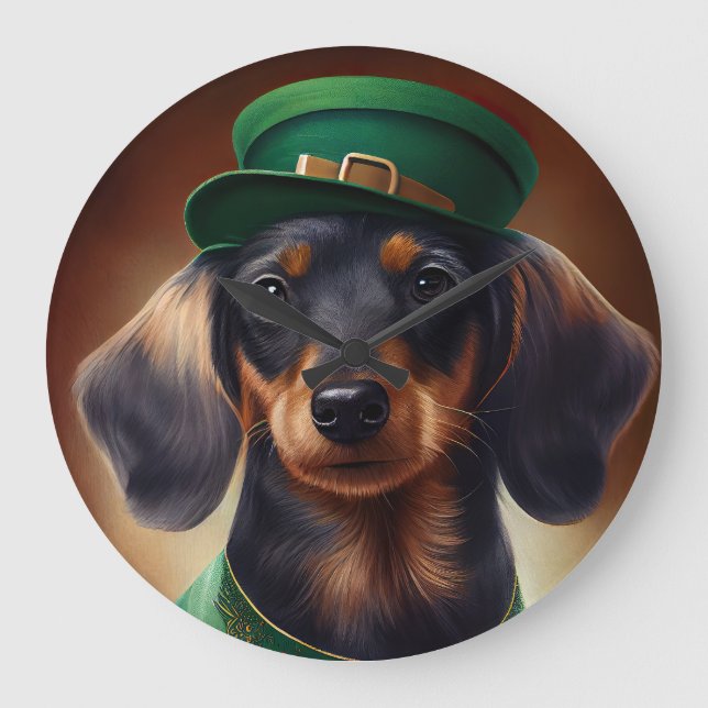 Reloj Redondo Grande Perro de Dachshund con vestido de San Patricio (Anverso)