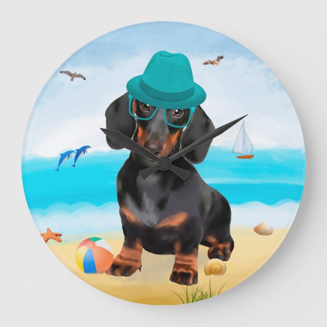 Reloj Redondo Grande Perro de Dachshund en la playa (Anverso)