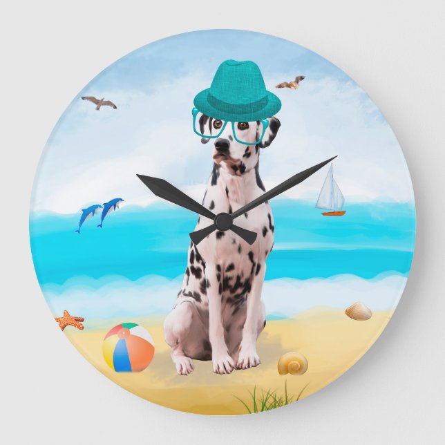 Reloj Redondo Grande Perro de dalmación en la playa (Anverso)