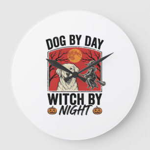 Reloj Redondo Grande Perro De Día Bruja De Noche Vintage Halloween Perr