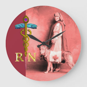 Reloj Redondo Grande PERRO DE ENFERMERA Y RESCATE/Emblema RN Gold Caduc