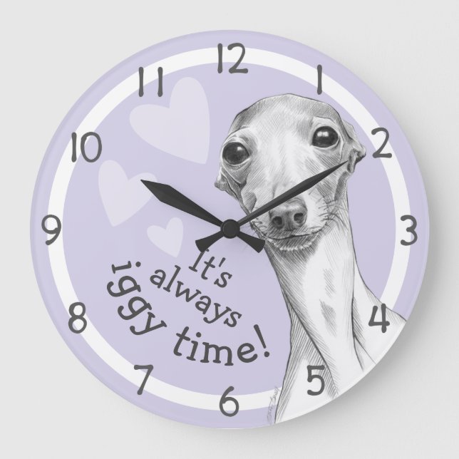 Reloj Redondo Grande Perro de Greyhound italiano Cute Funny Sketch Iggy (Anverso)