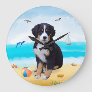 Reloj Redondo Grande Perro de montaña bernés en la playa