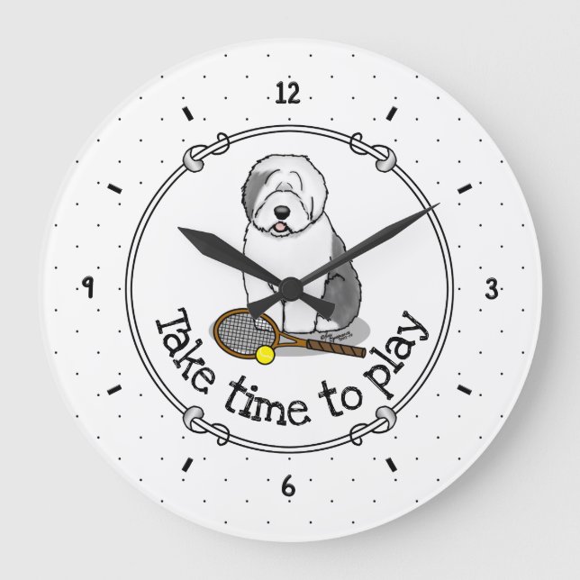 Reloj Redondo Grande Perro de perro viejo inglés de tenis (gris 1) (Anverso)