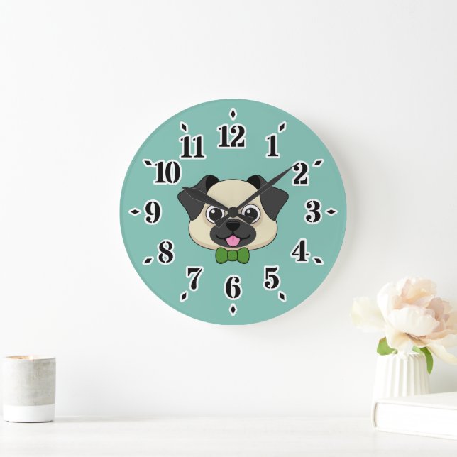 Reloj Redondo Grande Perro de pug feliz lindo con papillón (Hogar)