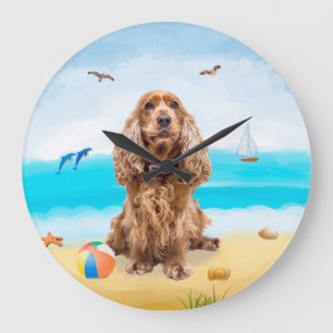 Reloj Redondo Grande Perro español Cocker en la playa