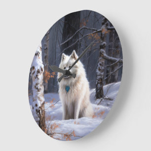 Reloj Redondo Grande Perro Esquimal Americano Deja que Nieve Navidad