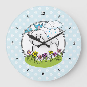 Reloj Redondo Grande Perro frito de Bichon primavera con flores - lindo