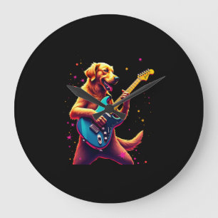 Reloj Redondo Grande Perro Golden Retriever tocando Rock con Guitarra E