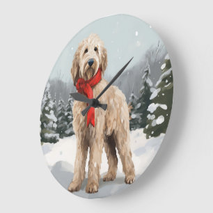 Reloj Redondo Grande Perro Goldendoodle en la Navidad de la Nieve