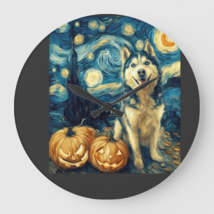 Reloj Redondo Grande Perro Husky Siberiano Lindo Halloween Jack O Linte